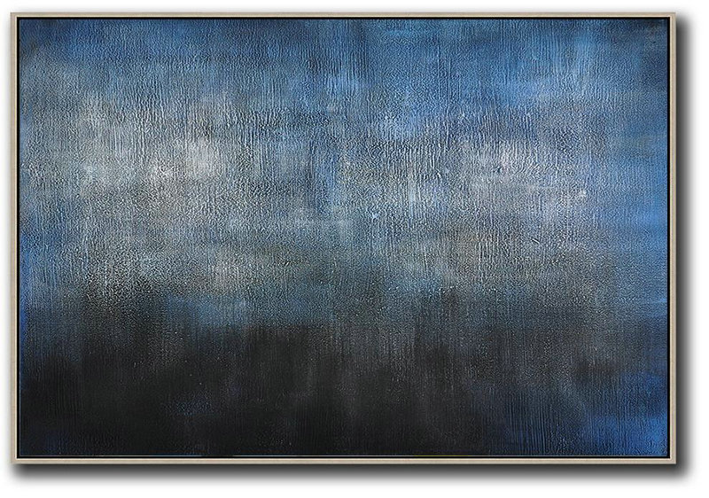 Modern Canvas Art,Oversized Horizontal Contemporary Art,Hand-Painted Contemporary Art Dark Blue,Grey,Black